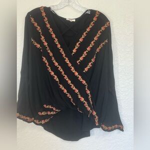 Easel Black Blouse with Red Embroidery